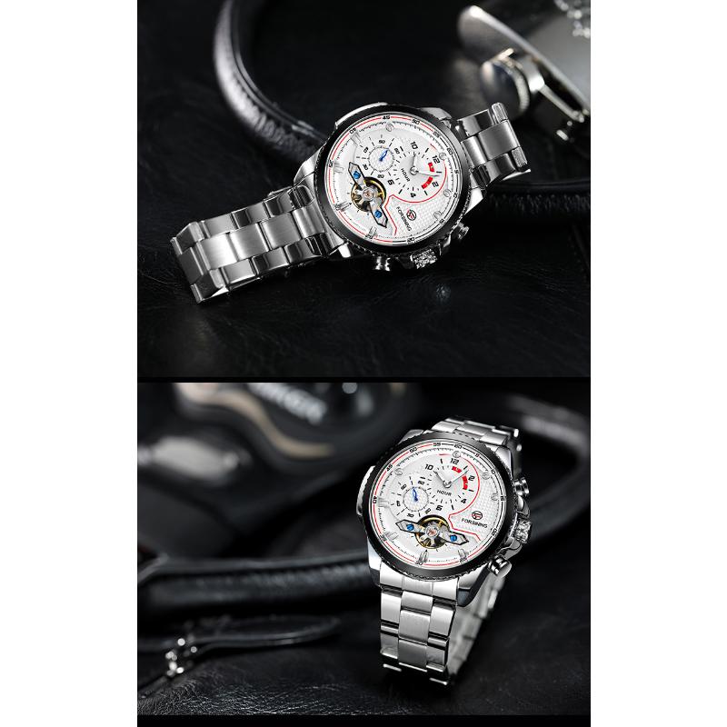 Forsining Mens Automatic Watches Stainess Steel Waterproof Wrist Watches Tourbillon Self Winding Mechanical Diamond Dial Wrist Watch