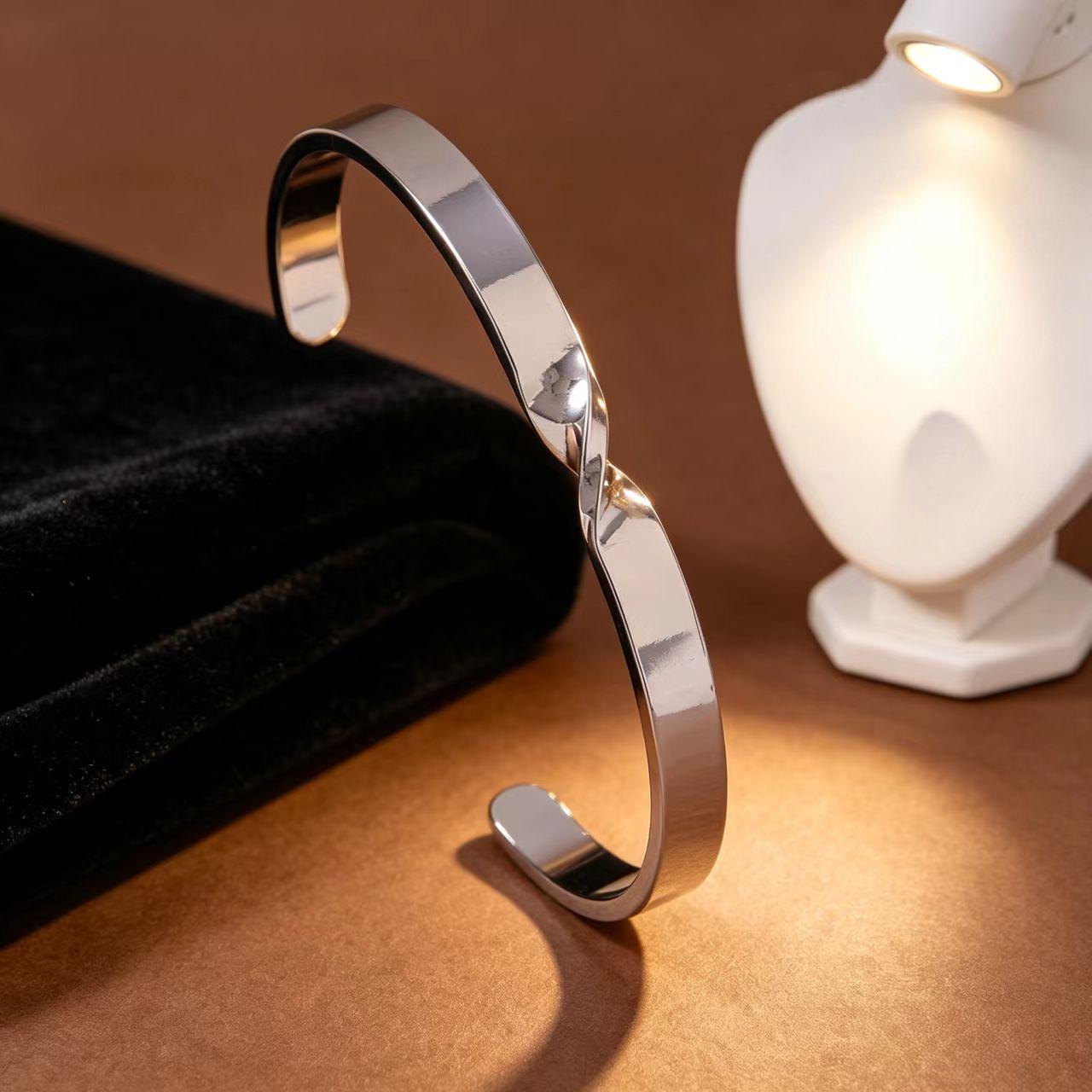 Two-Tone Gold & Silver Twisted Open Bangle: Simple Titanium Steel Bracelet 18K
