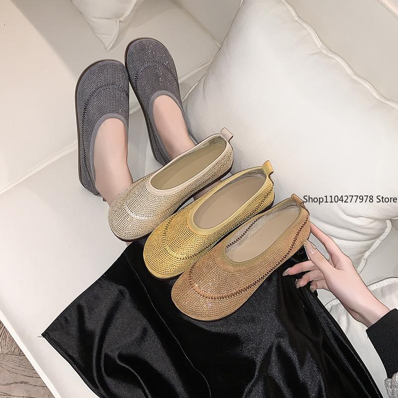 Fashion Women Flats Rhinestone Mesh Breathable Sneakers Women Soft Bottom Knit Ballet Loafers Shoes Casual Slip on Boat Shoes for Women