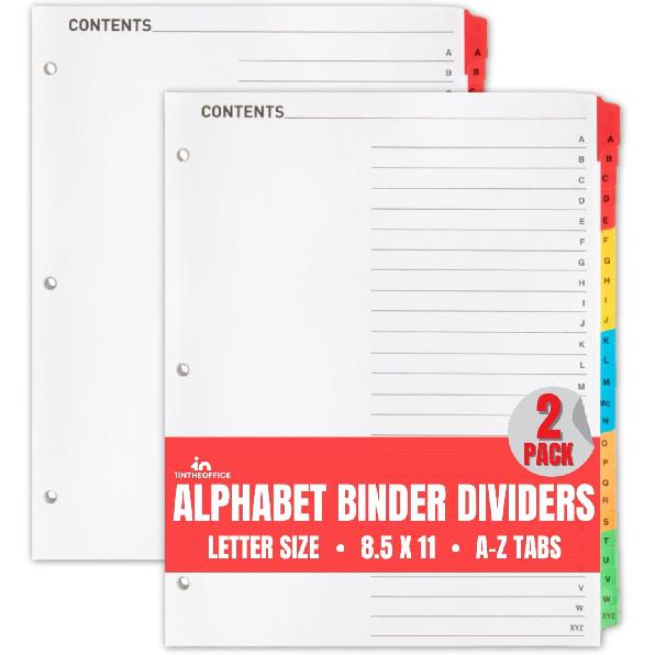 1InTheOffice Alphabet Dividers for 3 Ring Binder, Binder Dividers with Tabs Alphabetical, 2 Pack