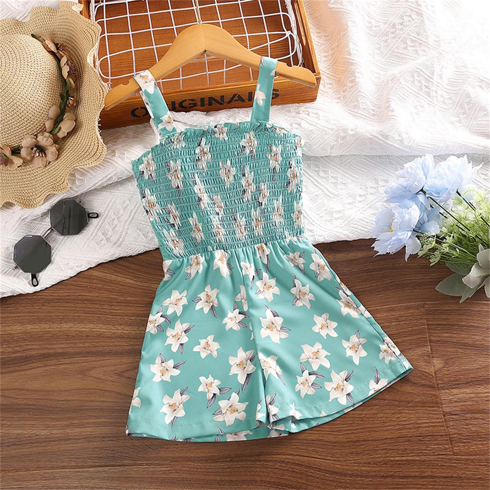 

(Куниде) Детский повседневный комбинезон для девочек, новинка лета 2023 года, боди с цветочным принтом и зелеными ремешками для малышей, детская одежда, От 4 до 7 лет