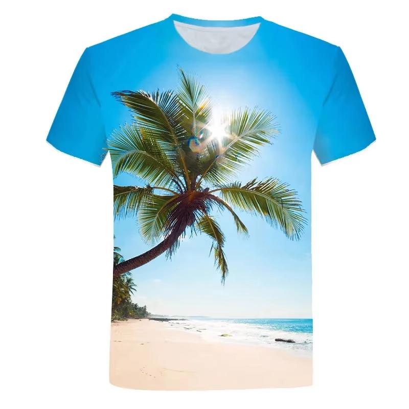 Coconut Plant 3D Printing T-shirts Vacation Sunset Short Sleeves Outdoor Street Summer Round Neck Men's and Women's Unisex T-shirts