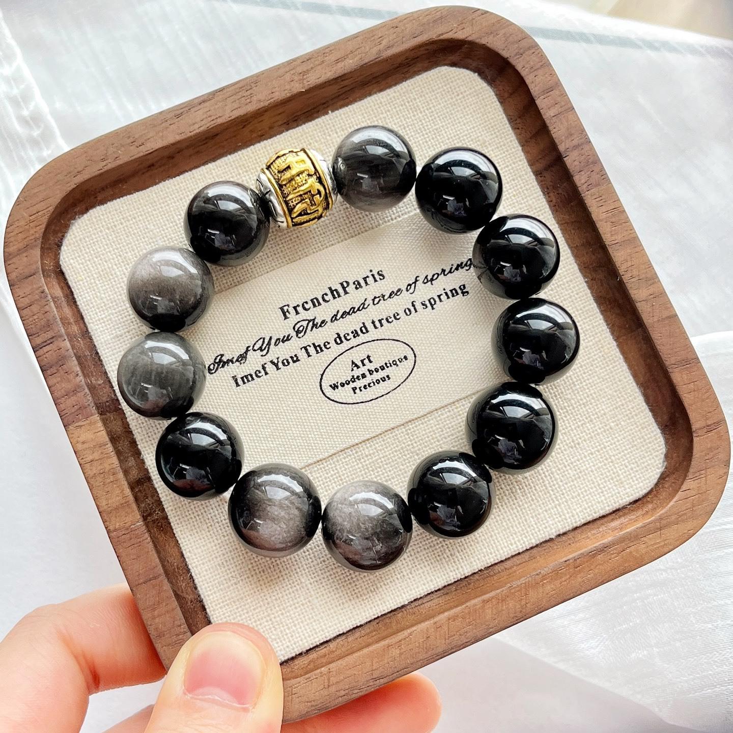 14Mm Large Particle Natural Silver Obsidian Bracelet Bracelet.