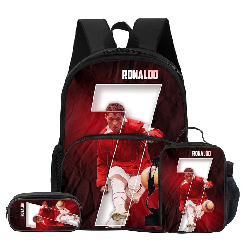 3 Pcs Set with Front Pocket Backpack Ronaldo with Thermal Insulated Lunch Tote Purse CR Pencil Case Football Star Rucksack