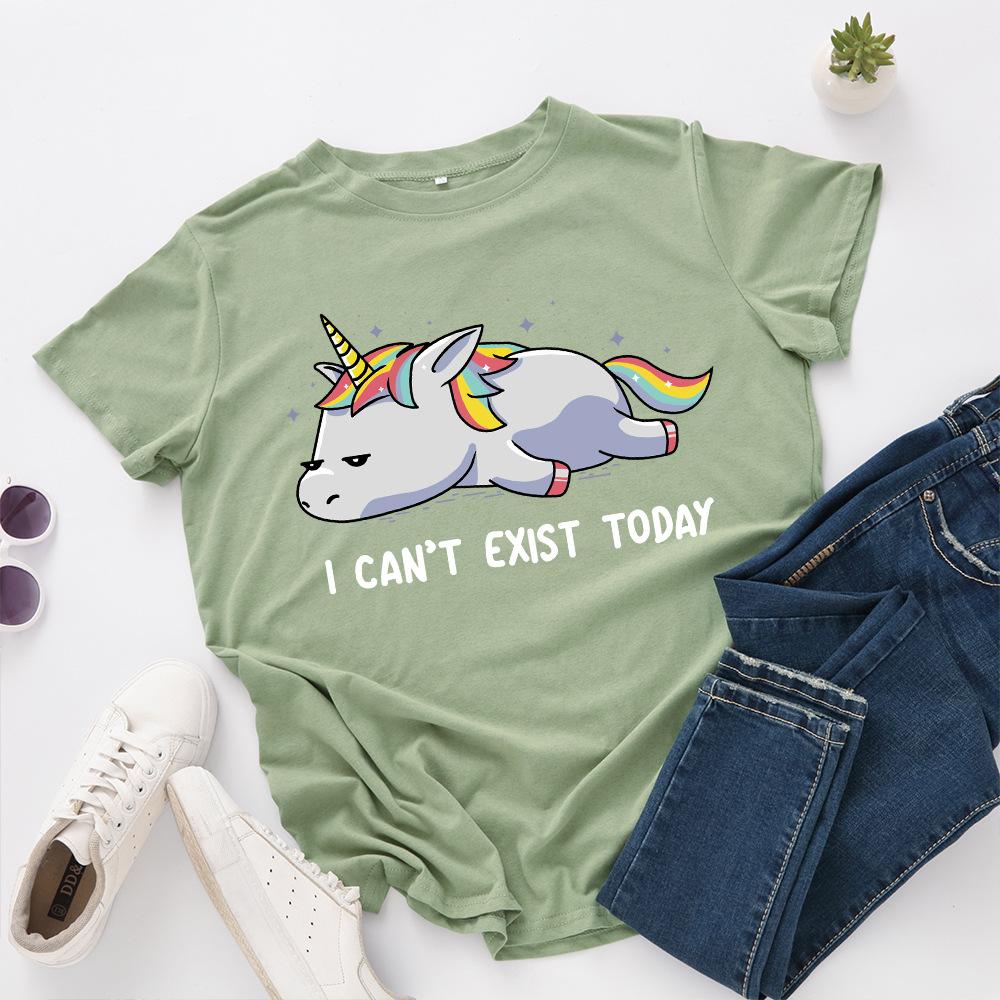 

Loose Round Neck Pure Cotton Unicorn Print Short Sleeved Women s T-shirts 3XL оливковое зеленый