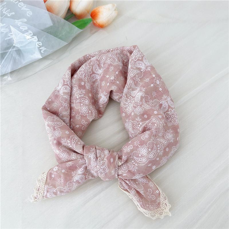 Cotton Linen Lace Edge Square Scarves 60cm Kerchief Neckerchief Bandanas Women Casual Neck Scarf Plaid Print Geometric Pattern