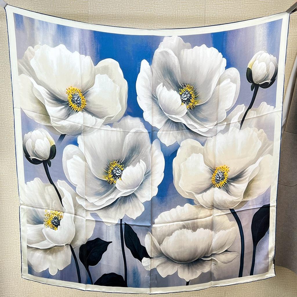 Elegant Chinese Style! Silk Silk Scarf Women'S Winter Flower Group Splendid Mulberry Silk Scarf Versatile Shawl Dual-Purpose