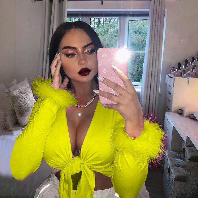 Women Bodycon Cropped Tops Solid Color Shirt  Sexy Short Cropped Top Plunging Neckline Long Sleeve Tops with Fur Cuffs