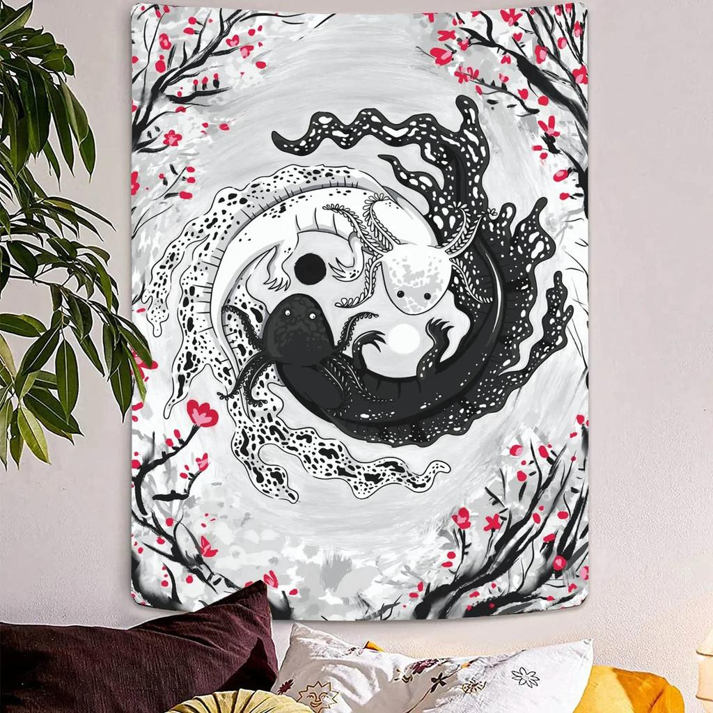 VIKAMA Japanese Wabi Sabi Tapestry Black White Koi Cherry Blossoms Fuji Boho Wall Hanging Home Office Decor