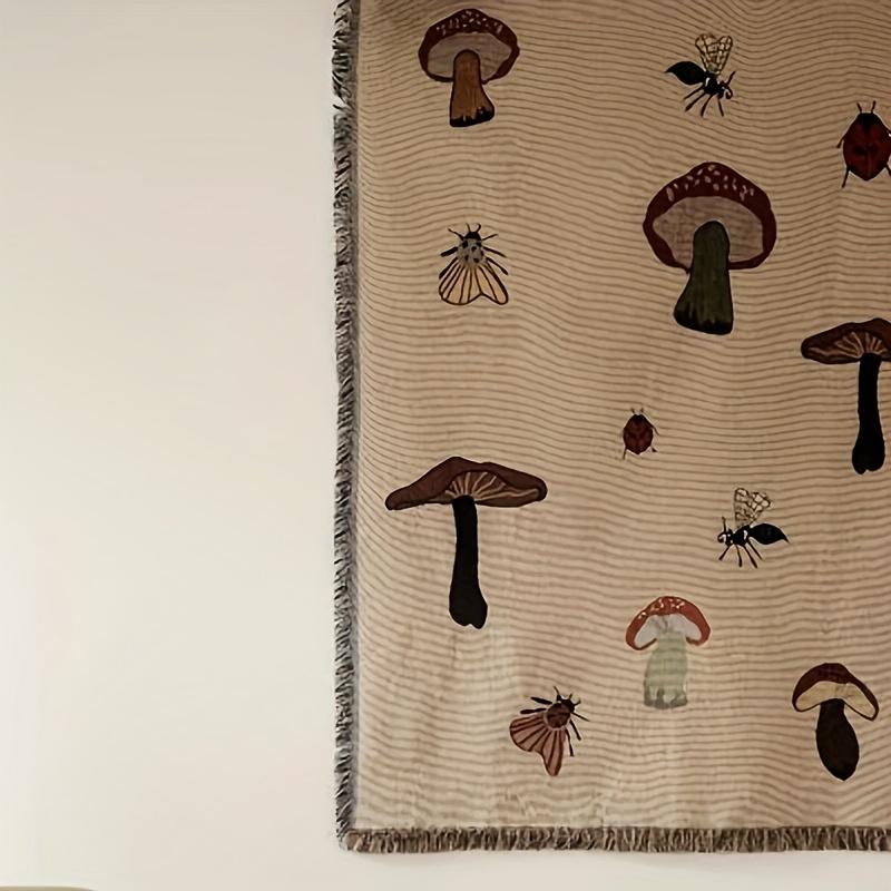 Bohemian Mushroom Tapestry Blanket Vintage Floral Design with Fringed Edges, Neutral Beige Background, All Season Cozy Throw for Bed or Sofa, Bohemian