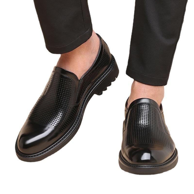 Old Man Head Men's Hollow Breathable Leather Shoes Black Round Head 2025 Spring and Autumn Trend Casual Foot Shoes 91078