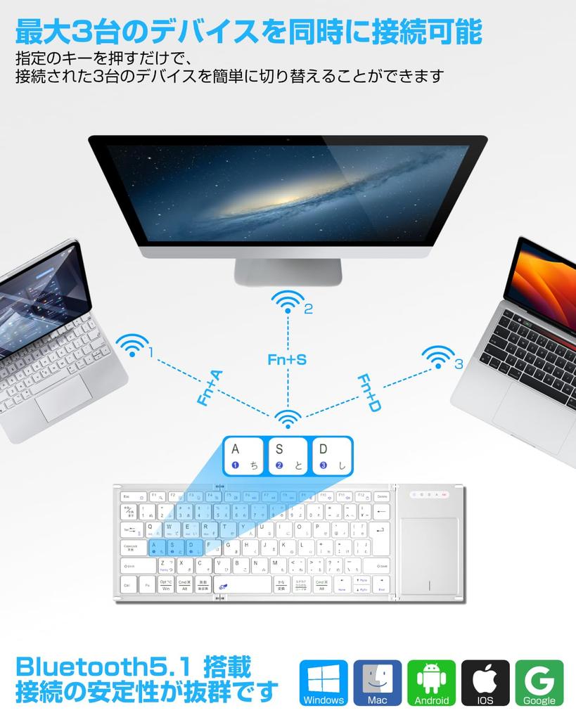 Ewin Wireless Bluetooth Keyboard, Foldable, JIS Standard Japanese Layout, Touchpad, iPadiPhone Keyboard, Three-Device Switching, Compatible with