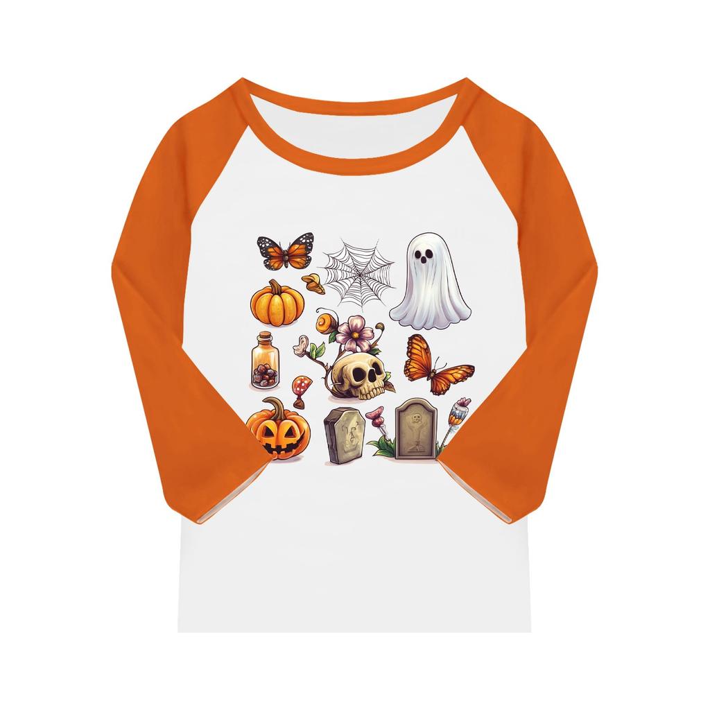 Tops For Youth Girls 4-16 Years Round Neck 3/4 Sleeves T-Shirts Trendy Tops Outfit Tees Halloween Day