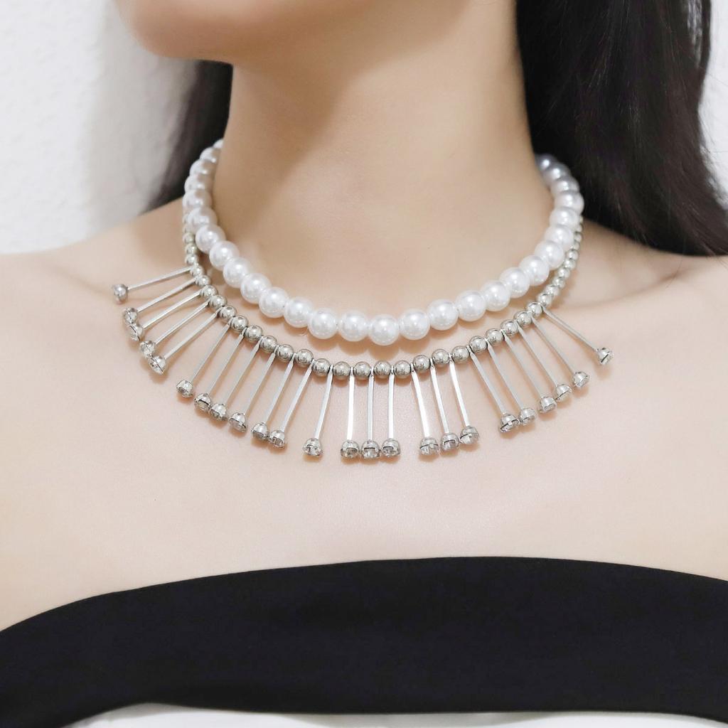 Exaggerated vintage double-layered wearing imitation pearl temperament tassel collar personalized trend model