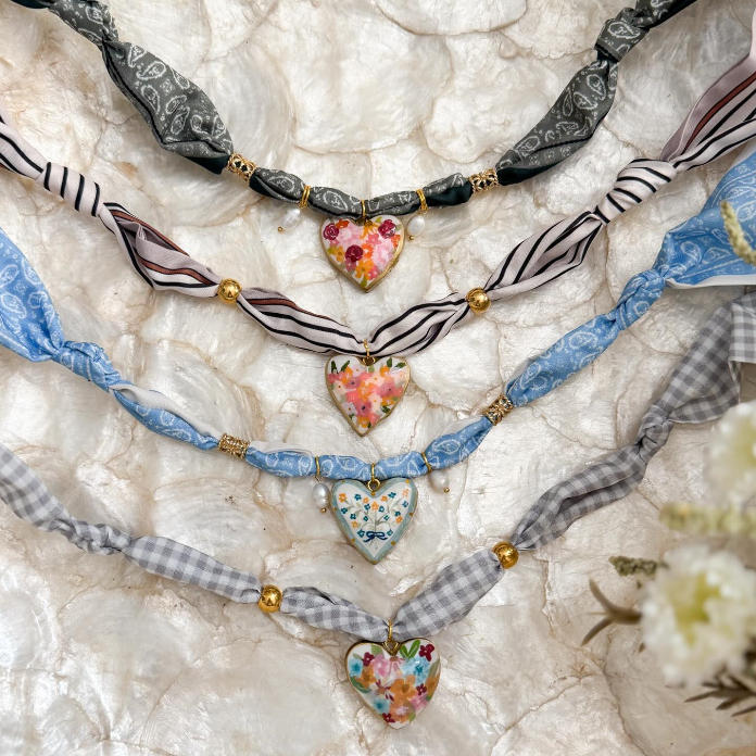 Spring French Floral Love Fabric Necklace Heart-Shaped Pendant Striped Plaid Gentle Wind Collarbone Chain