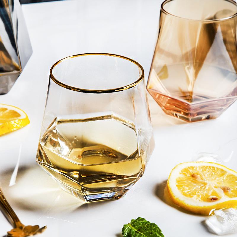 2pcs Set 11OZ Creative Stylish Rolling Golden Edged Glasses Transparent Hexagonal Glass for Home Bar Club Restaurant Water Cups