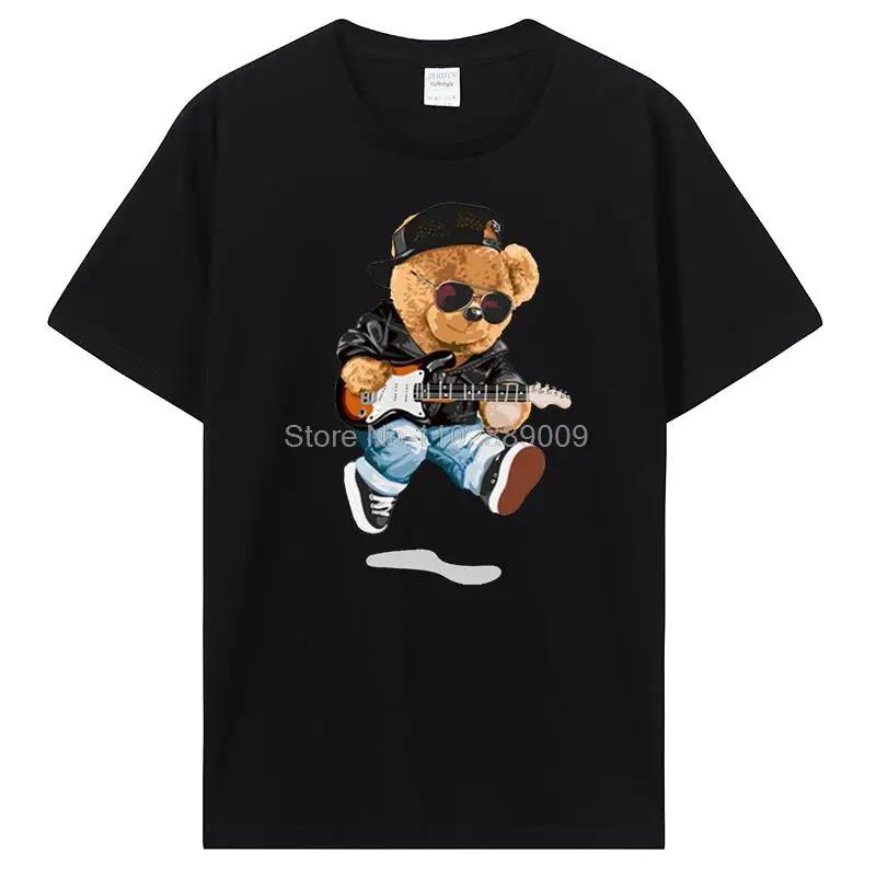 Teddy Bear Playing Badminton T-shirt Cotton Clothing Tops Graphics Kawaii Men Women Short Sleeve Print TShirt Tees Women Men
