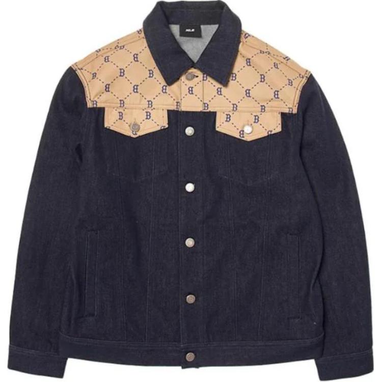 New MLB Denim Mixed Jacquard Dia Monogram Boston Red Sox Denim Jackets Coats Unisex Marine Blue 3ADKM0544-43NYD