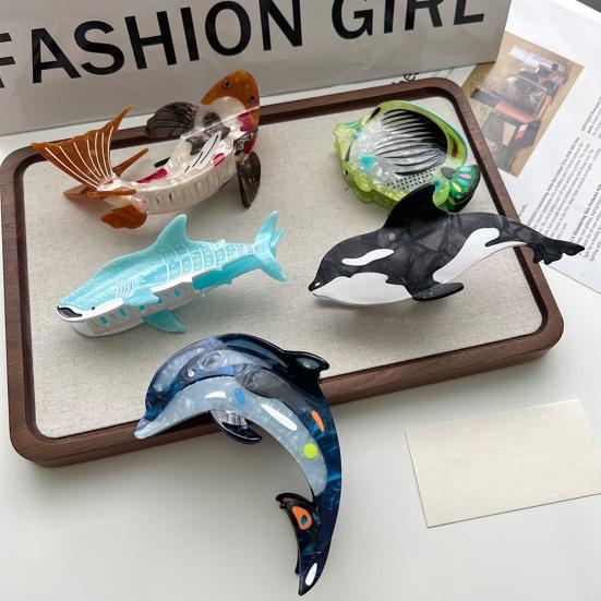 Women Hair Claw Ocean Series Dolphins Whales Shape Acetic Acid Hair Clip Large Size Back Head Hair Claw