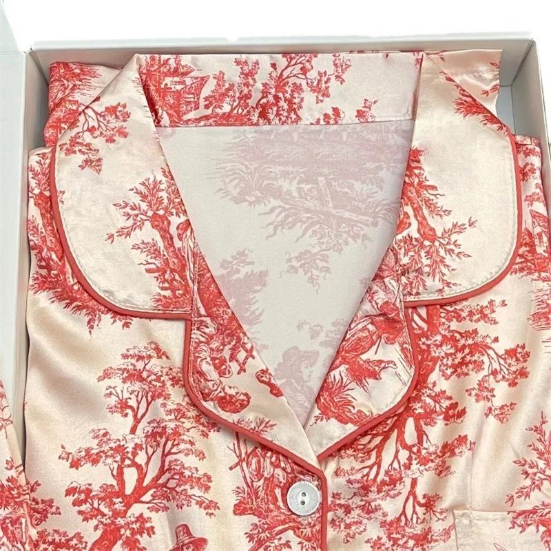 Red Pajamas Women Spring Summer Long Sleeves Long Pants Satin Silk Sleepwear Pijamas Womens Pyjamas Thin Pijamas Girl Homewear