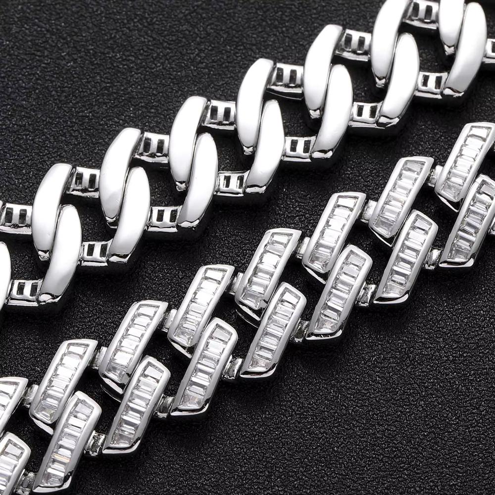 Hip Hop Jewelry 16mm Wide Iced Out Baguette Zircon Rhombus Prong Cuban Link Chain Bracelet for Men
