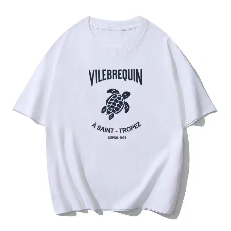 Francuski Żółw Morski Vilebrequin Koszulka z Krótkim Rękawem Męska Marka Modowa z Nadrukiem Okrągły Dekolt Para