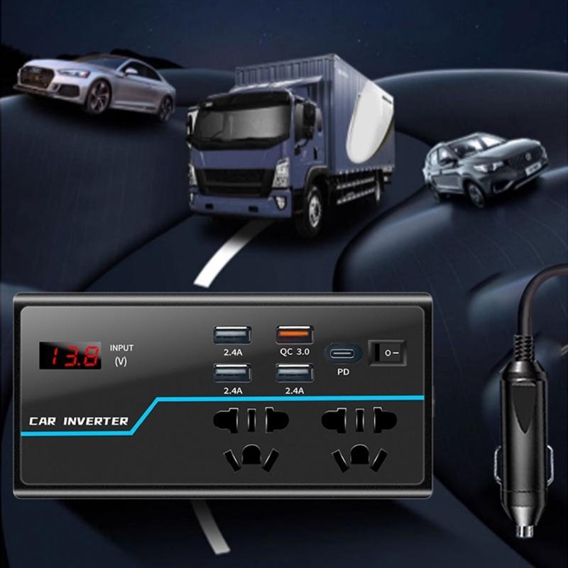 Portable Car Inverter Converts 12V/24V  to 110V/220V  with Voltages Display Compact Vehicle Inverter Simple Operate