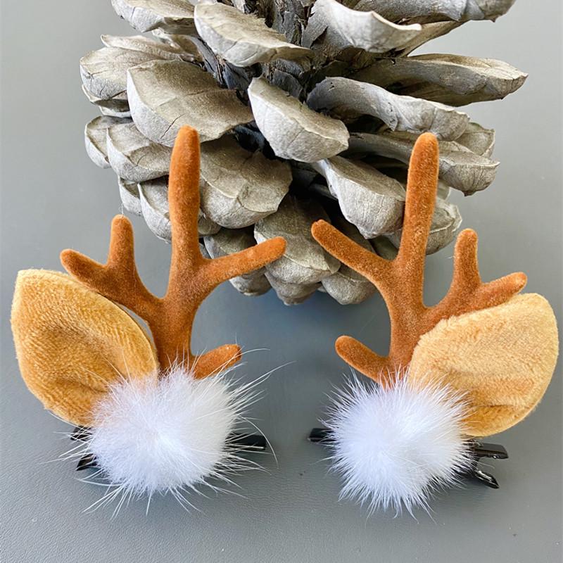 Japanese & Korean Style Flocked Coral Antler Ears Hair Clip for Christmas Photo Shoots