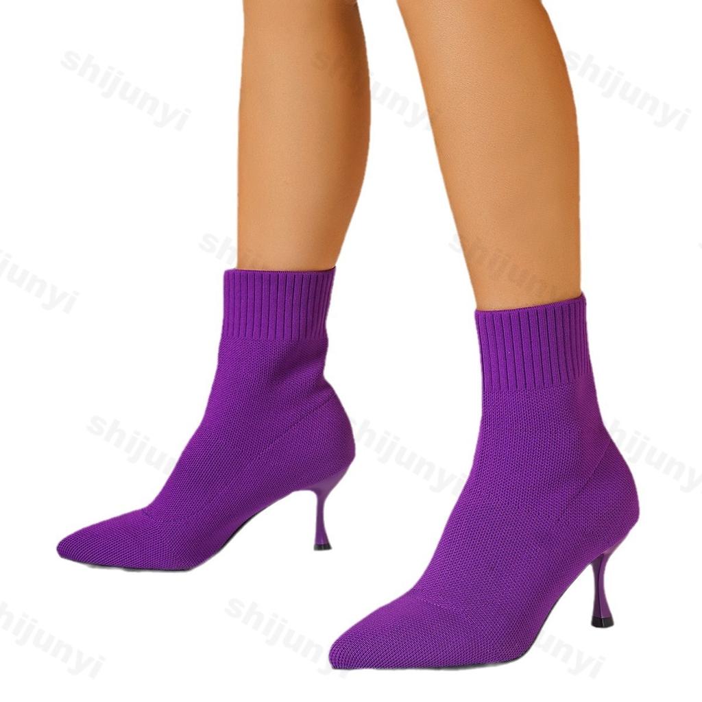 Fashion Women Boots Short High Heels Shoes for Women 2024 Autumn Winter Knitted Ankle Boots Woman Thin High Heels Sock Boots Botas Mujer
