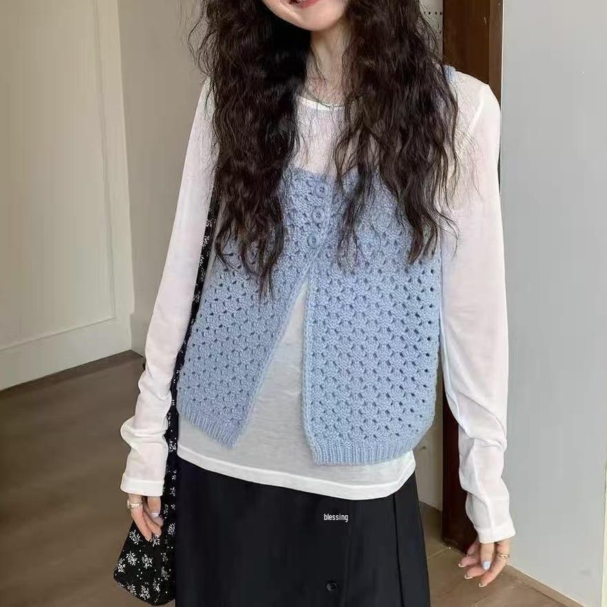 Women's Sleeveless Knit Cardigan Vest - Spring/Autumn Layering Tank with Hollow Out Design