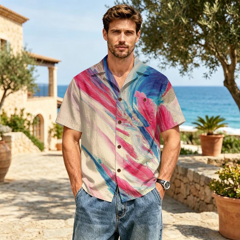 Men's Casual Short Sleeve Shirt Cotton Linen Classic Lapel Collar Button Down Lightweight Printed Top for Spring Summer