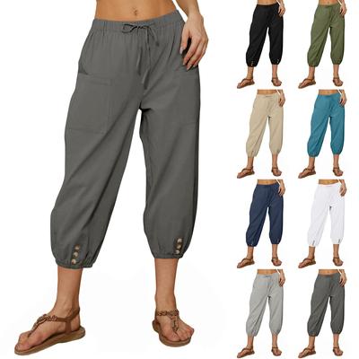 Women's Fashionable Solid Color Linen Cotton Pocket Leggings Elastic Waist Casual Cropped Pants