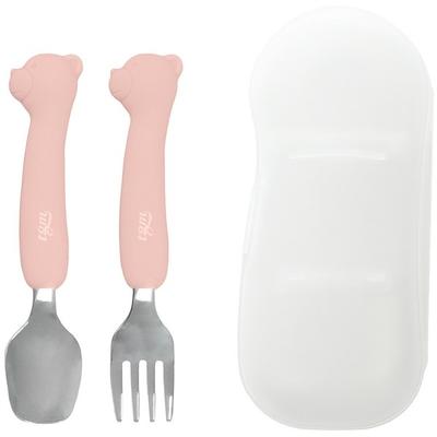 TGM Portable Silicone Stainless Steel Bear Spoon and Fork + Case, Coral Pink, Spoon + Fork + Case, 1 Set, Korean Popular Tableware