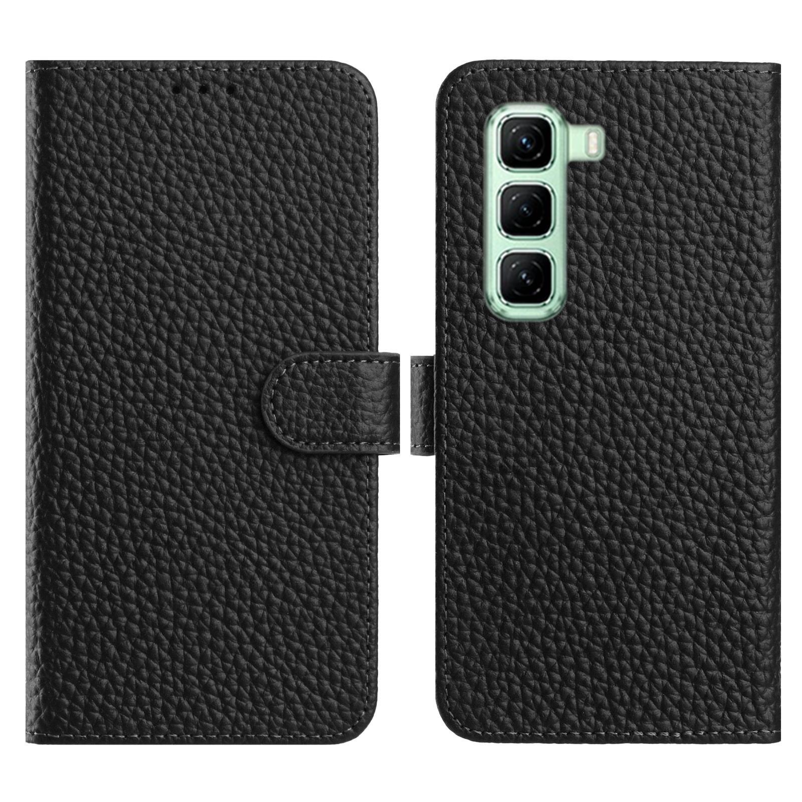 

For Infinix Hot 50 Pro 4G Case Wallet Stand Litchi Texture Genuine Cow Leather Flip Phone Cover Black