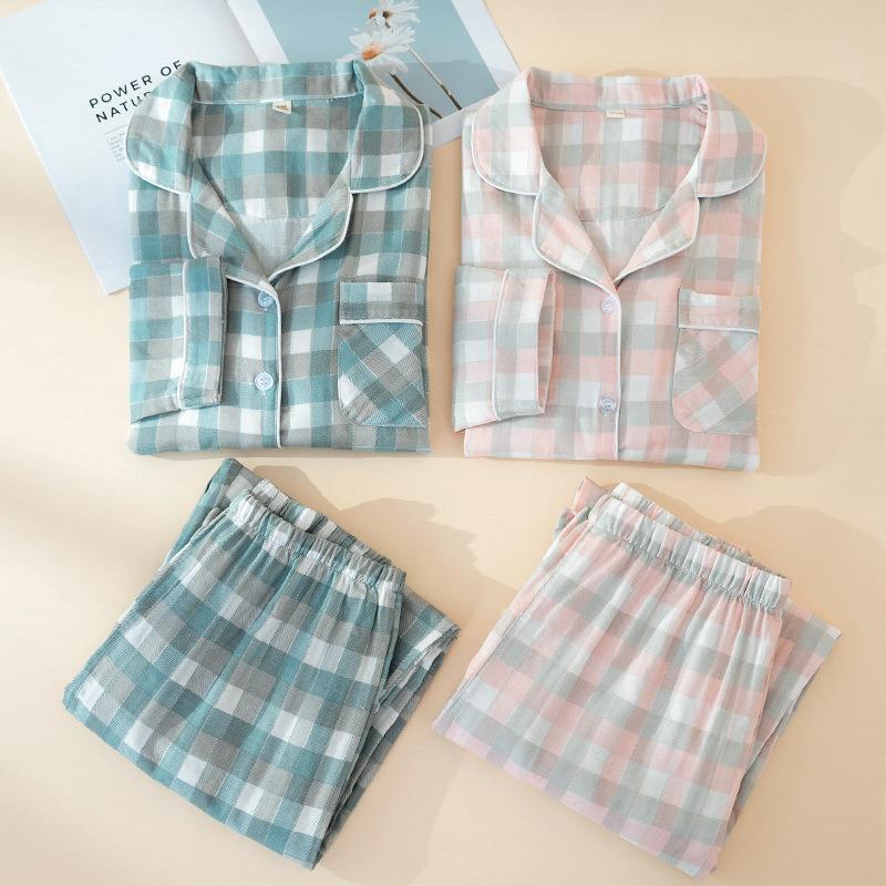 Japanese pure cotton couple pajamas spring, autumn and summer unprinted men's and women's gauze long-sleeved trousers loungewear set