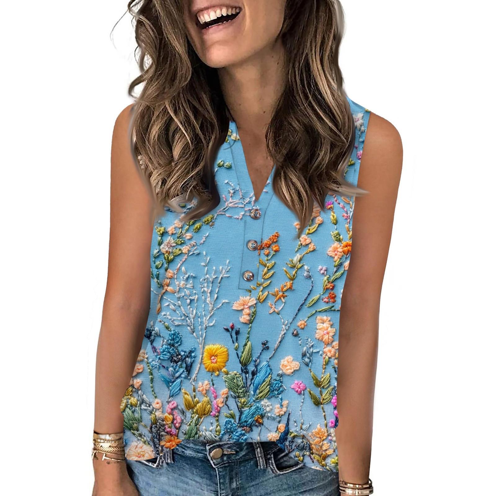 Women s Casual Fashion Summer Floral Print Tank Top V-neck Sleeveless Button-down Top XL жёлтый