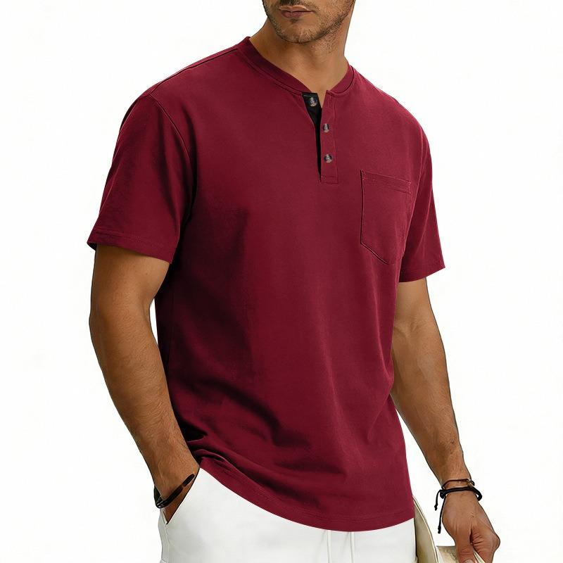 Men Henley Neck Short Sleeve T Shirt With Chest Pocket Casual Solid Color Tops