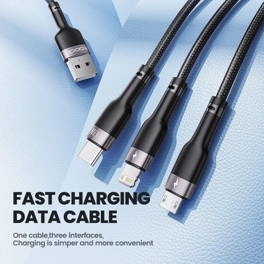 Toocki 3 in 1 USB Cable 6A 100W Micro USB Type C Charging Cable For 14 13 12 Huawei Honor 13 ViVo Oppo Data Cord