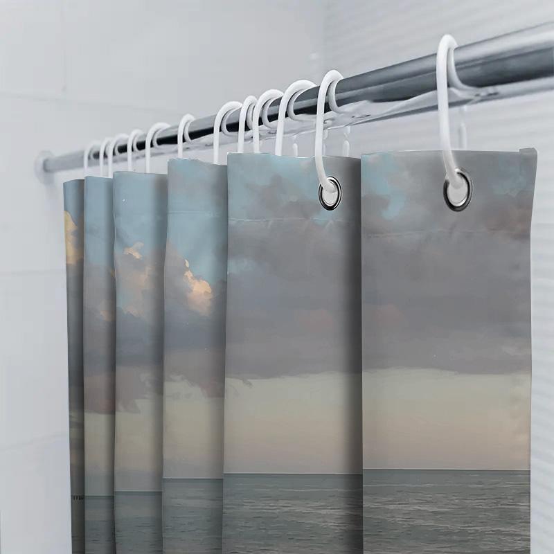 Beach Shower Curtain Waterproof Bath Mat Decor with Cloudy Sky Seaside Print for Home Decoration In Various Sizes