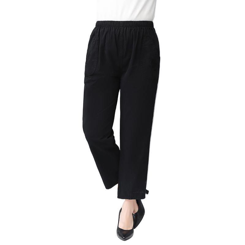 Mom's Cotton Embroidered Nine-Point Pants for Seniors, Casual Straight-Leg Pants for Spring & Autumn