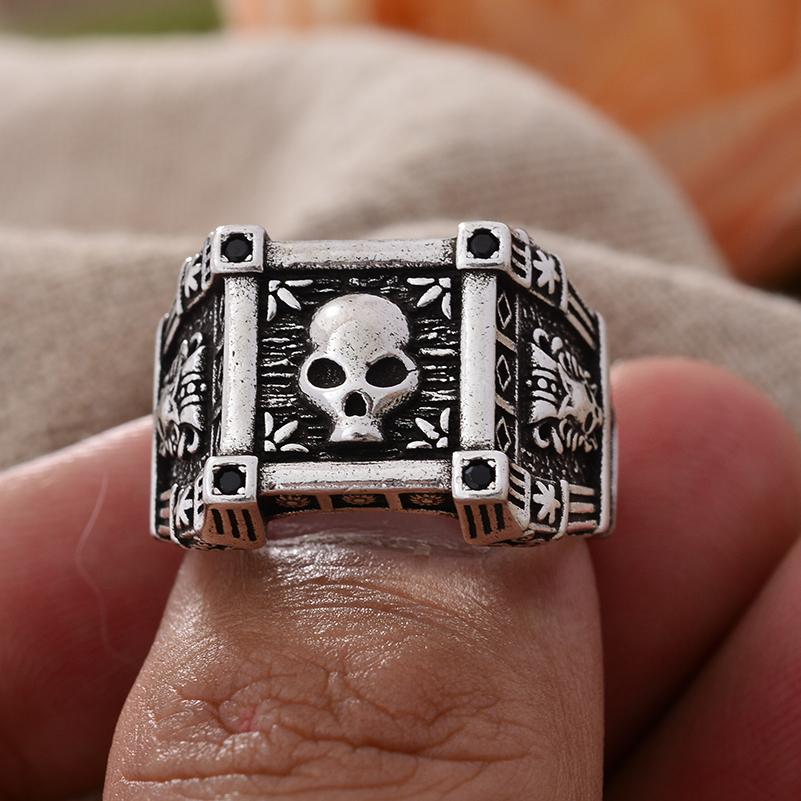Exaggerated Retro Skull Square Design Thai Silver Men Party Ring Wholesale  Gifts No Fade Cheap