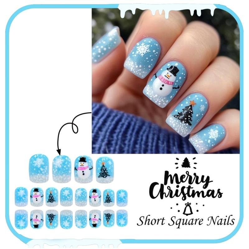 Pack of 24 Christmas Snowman Snowflake Blue Press On Nail ABS Build False Nail for Holiday Parties and Daily Wear