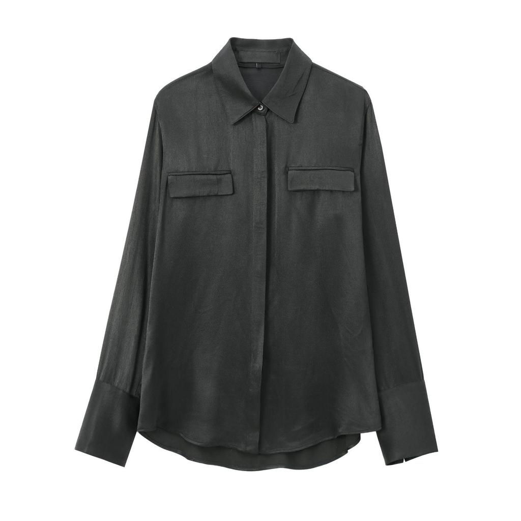 Satin Texture Long Sleeve Shirt with Pocket Decoration - 2024 European & American Fashion for Women
