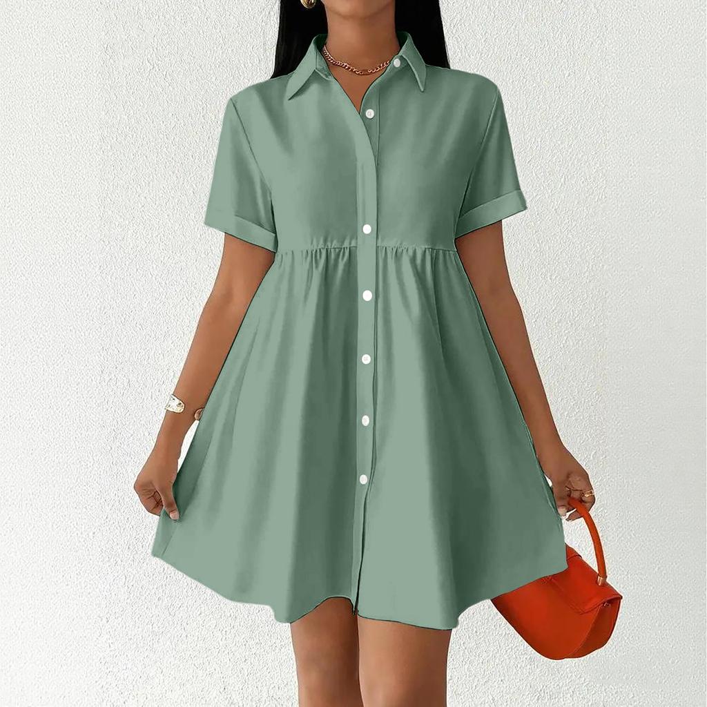 Women Short Sleeve Shirt Dress Button Down Collared Loose Fit Casual Mini Dress with Pockets Summer Style