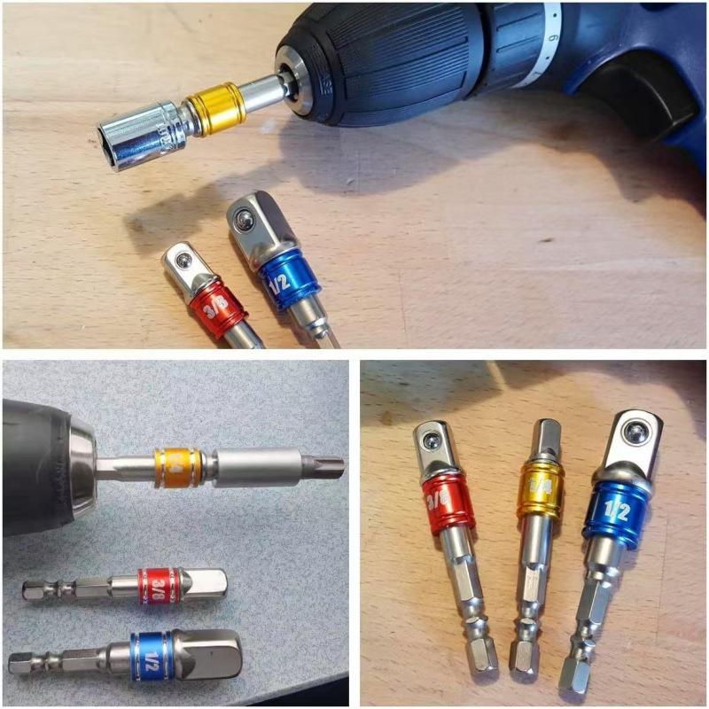 Hex Handle to Square Head Socket Extension Rod (1/4, 3/8, 1/2) - Air/Electric Screwdriver Connection Conversion Rod