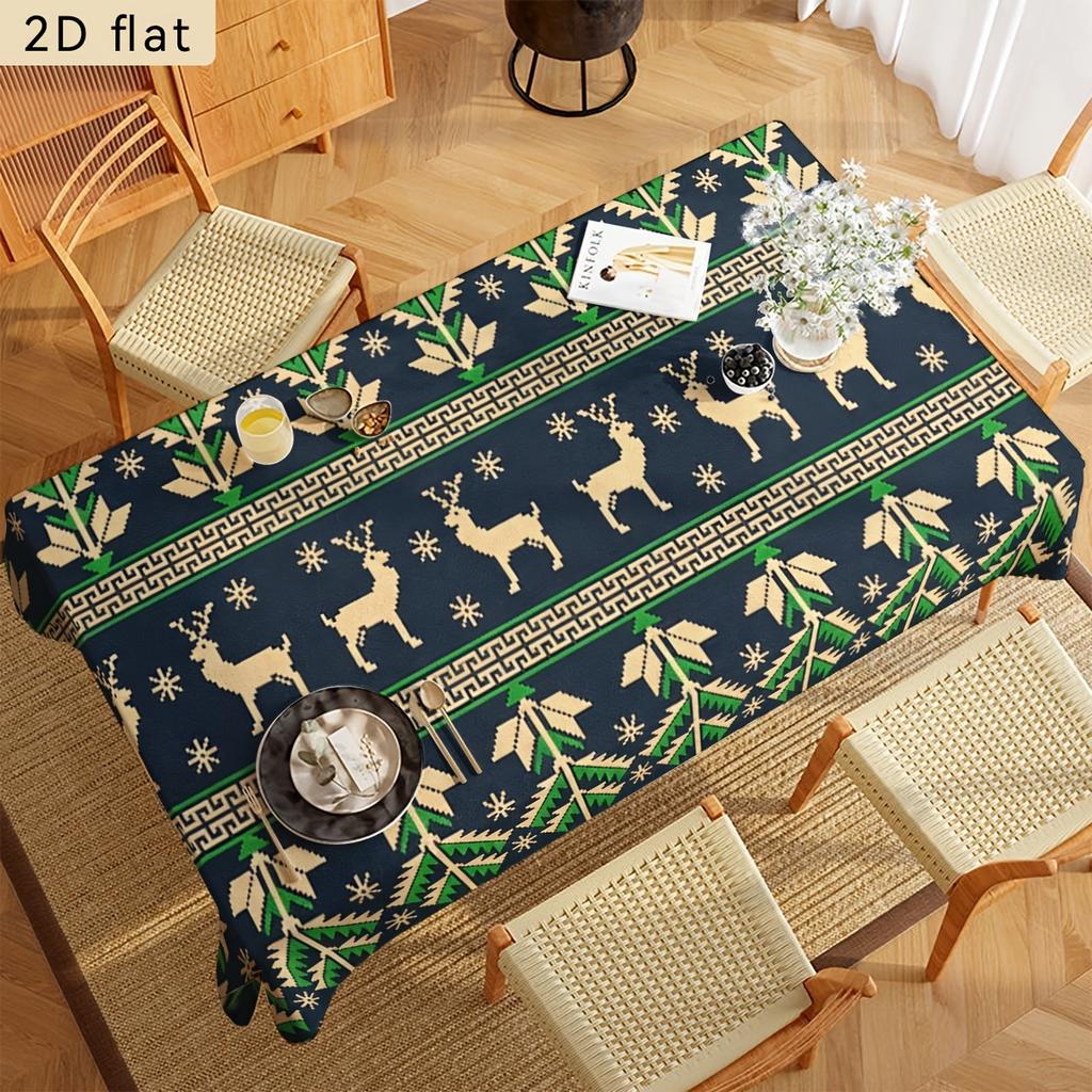 1pc Vintage Deer Pattern Christmas 2D Flat Banner Tablecloth, 2D Flat Rectangular Kitchen Dining Table Decoration, Party Tablecloth Home Decor, Suitab