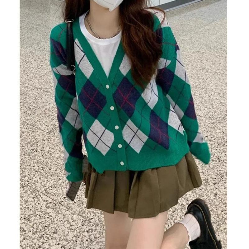 Sweet Preppy Style Sping Autumn New Sweaters Coats Women V-Neck Lingge Contrast Color Button Long Sleeve Cardigan Knitted Tops