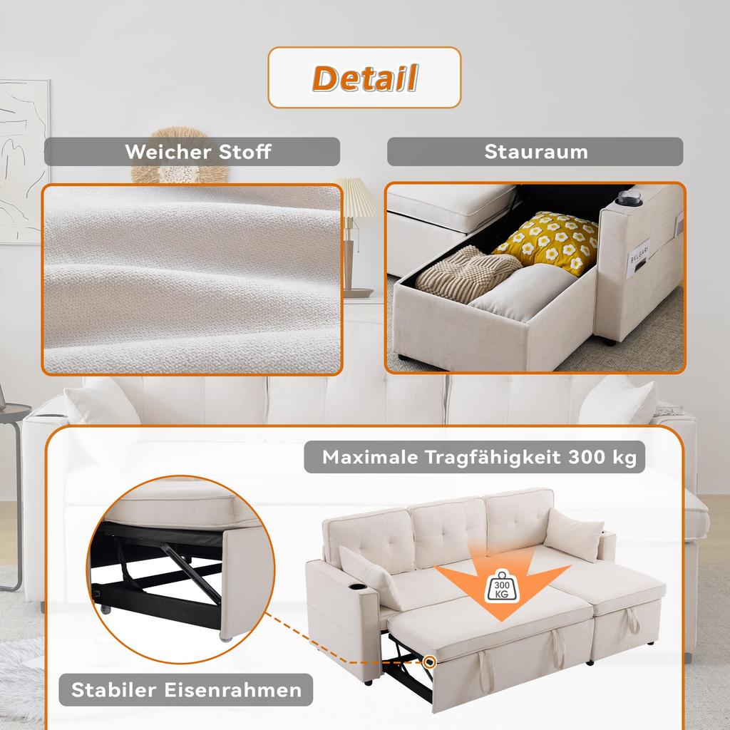 Corner Sofa with Sleep Function: Sofa Bed with Storage, Sleeper Sofa Storage, Cup Holders, Side Pockets, L-shaped, Beige