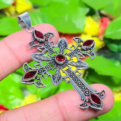 Natural Cross- Mozambique Garnet Gemstone 925 Sterling Silver Pendant 2.68" o4J66