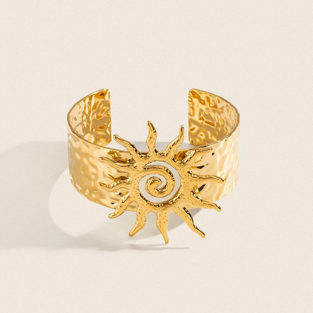 Xia Ling 18K Gold Stainless Steel Spiral Sun Wide Band Bracelet - European & American Style, Niche Luxury Jewelry